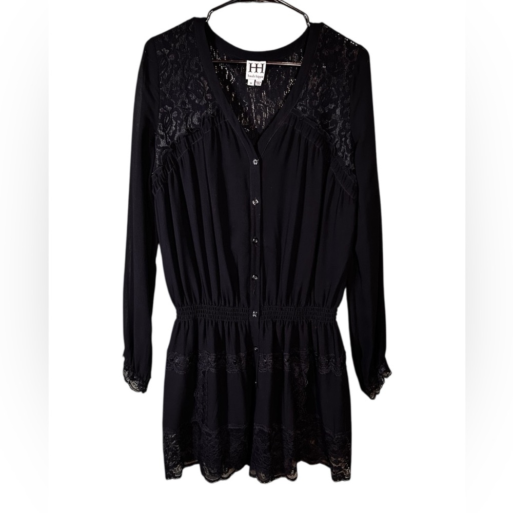 Haute Hippie Black Silk Lace Mini Dress Smocked Waist Long Sleeve size Medium